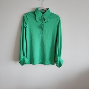 Vintage pointed collar blouse button shirt size XS quarter zip polo 70s green